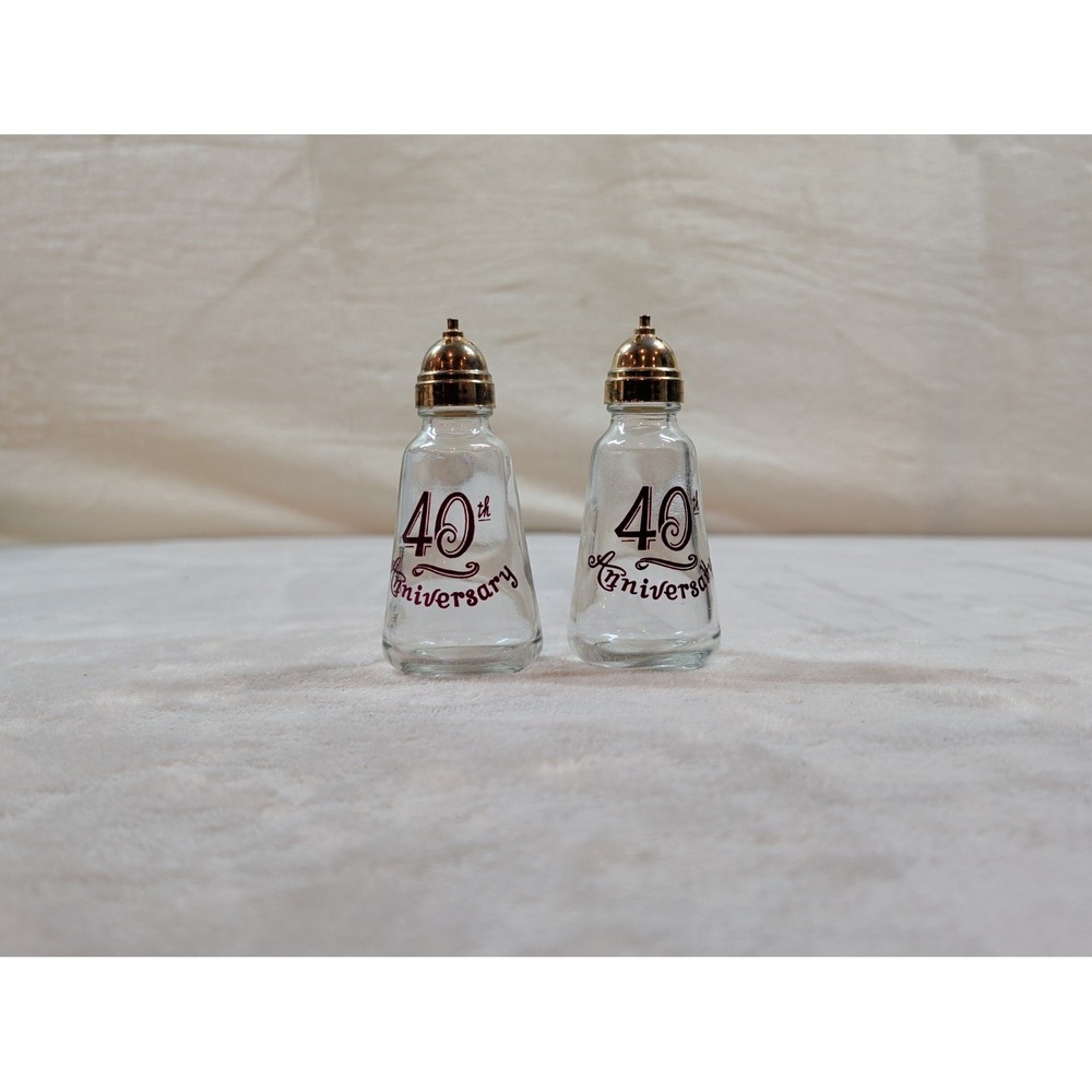 Vintage 40th Anniversary Glass Salt and Pepper Shakers Ruby‎ Gold Tone Caps Set